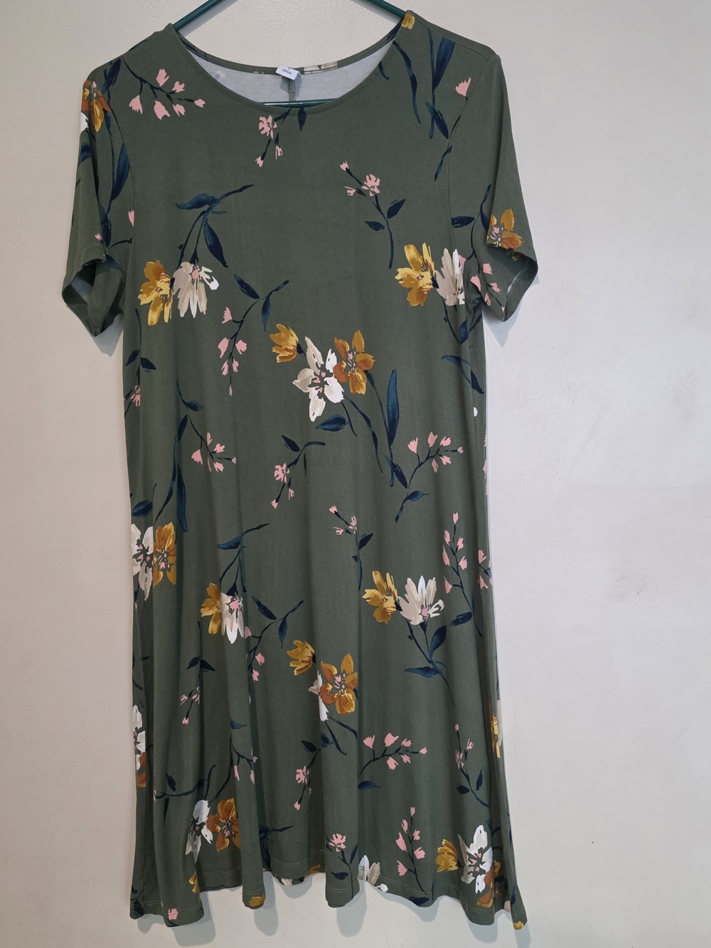 Olive Green Floral Swing Dress Spring Summer Short Sleeve Large Casual Fun Soft
